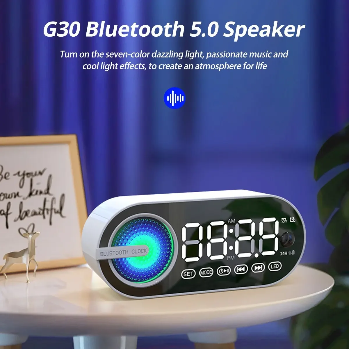 블루투스 조용한 무선 스피커 알람 시계 RGB TWS USB LED 미러 디지털 시계 FM 대형 디스플레이 거실 사무실 장식