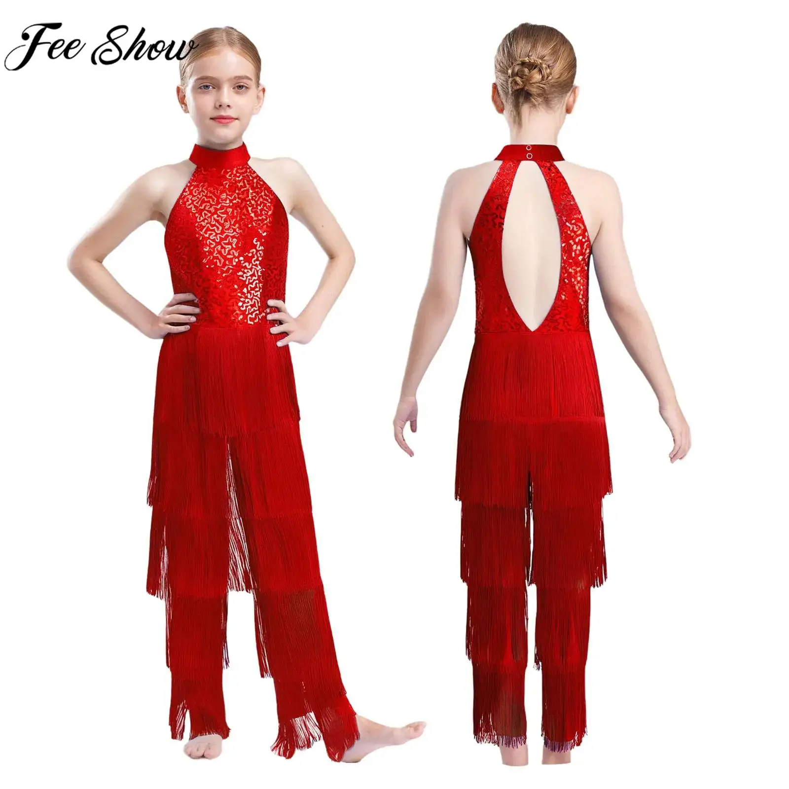 Children Girls Latin Dance 70s Disco Cha-cha Salsa Ballroom Tango Jumpsuit Sleeveless Sequin Tiered Tassels Bodysuit Dancewear