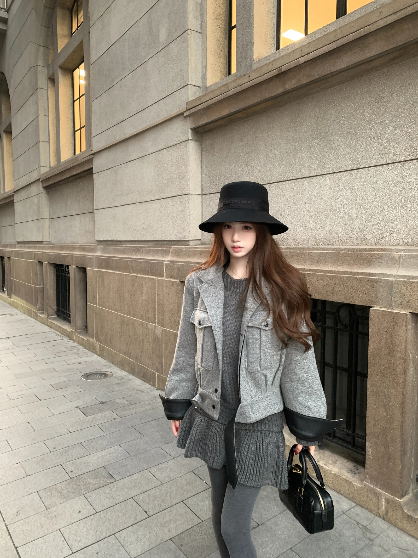 

JUNSTUDIO Thiened Alpaca Wool Outerwear Tweed Patchwork Leather Cotton Lined Jaet Women's Casual Sle Warm Coat