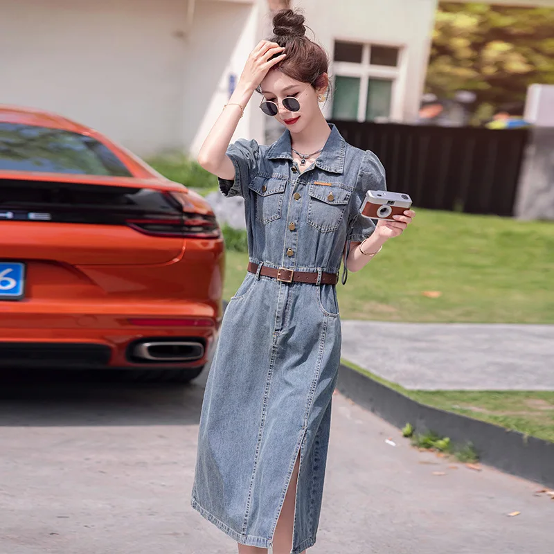 Gaun Denim wanita, lengan pendek kerah lipat, Dress setengah panjang musim panas pinggang tipis Vintage Fashion kasual 2024