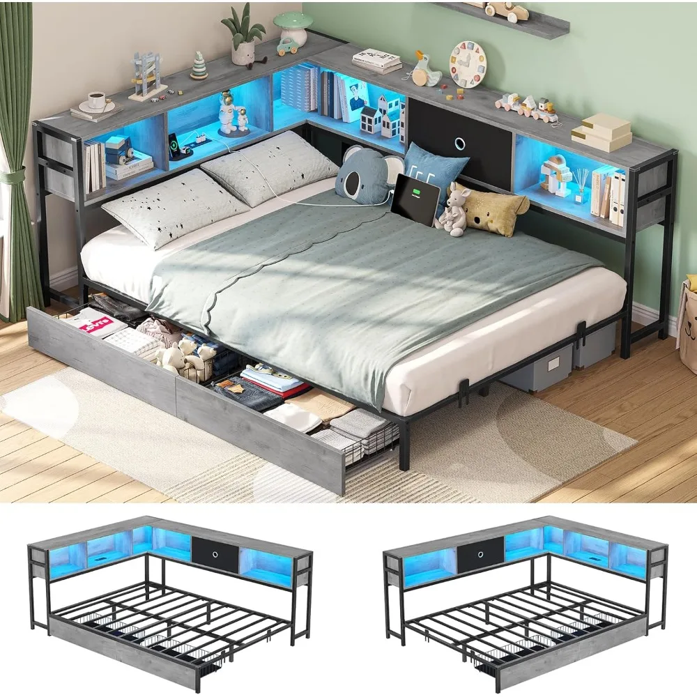 

Corner Bed Frame with Storage Bookcase, Full Daybed with Storage Drawers Underneath,Bed Unit with Charging Station and LED Light