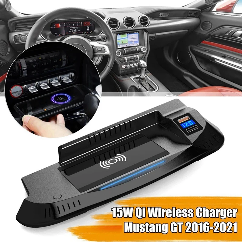 Car 15W QI Wireless Phone Charging Pad Panel Mobile Phone Fast Wireless Charger Parts Component For Ford Mustang GT 2015-2021