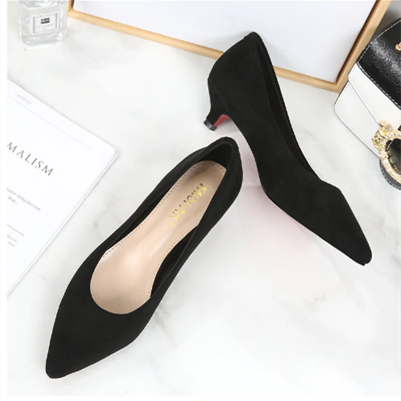 Women Spike Heels Kid Suede Tacons Null Flock Shoes Red Pinkish Cute Pointy Toe Elegant Pumps For OL 34-43 26cm Low Cutter Mujer