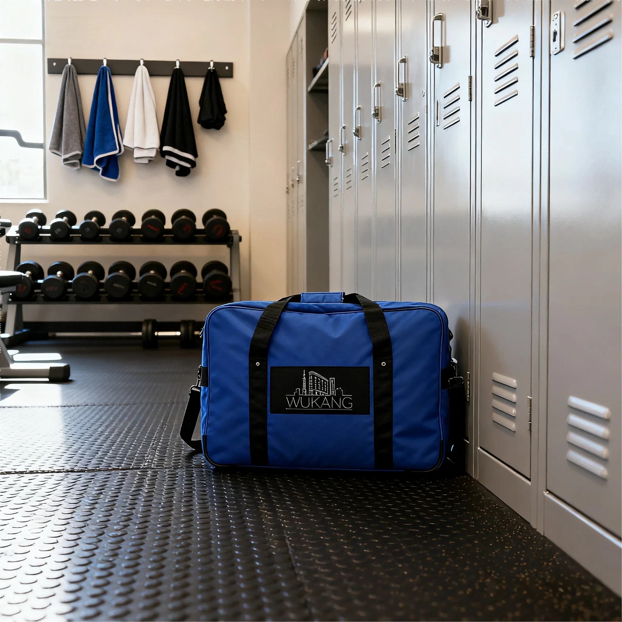 Borsa da viaggio blu con logo Wukang da 1 pezzo, durevole ed elegante, perfetta per le scariche del fine settimana