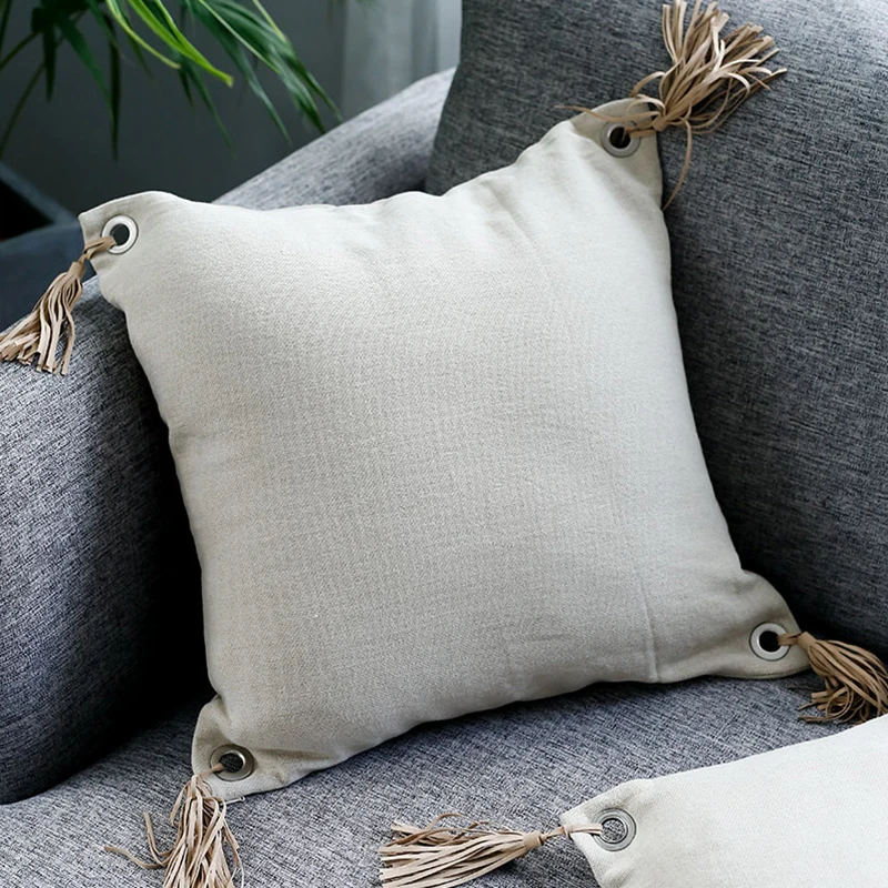 

Cotton Linen Cushion Cover French Style Pillow Case Tassels Square Back Pad Pillowcase Decorations Home Living Room 45x45cm