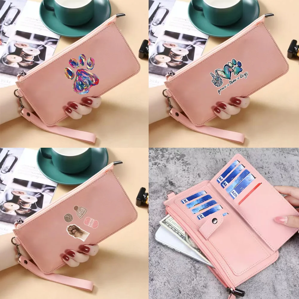 Women Multifunctional Fashion PU Leather Long Wallets Footprints Print Multi-card Position Clutch Buckle Zipper Student Wallet
