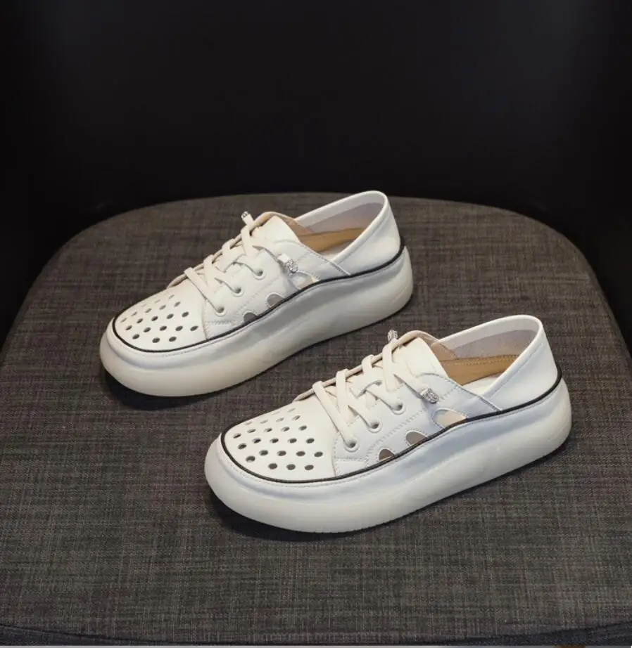 

2026 Women Loafers Ladies Genuine Leather Large Size Summer Hollow Lace-up White Shoes Women Fashion Casual Soft Sole Flat Shoes