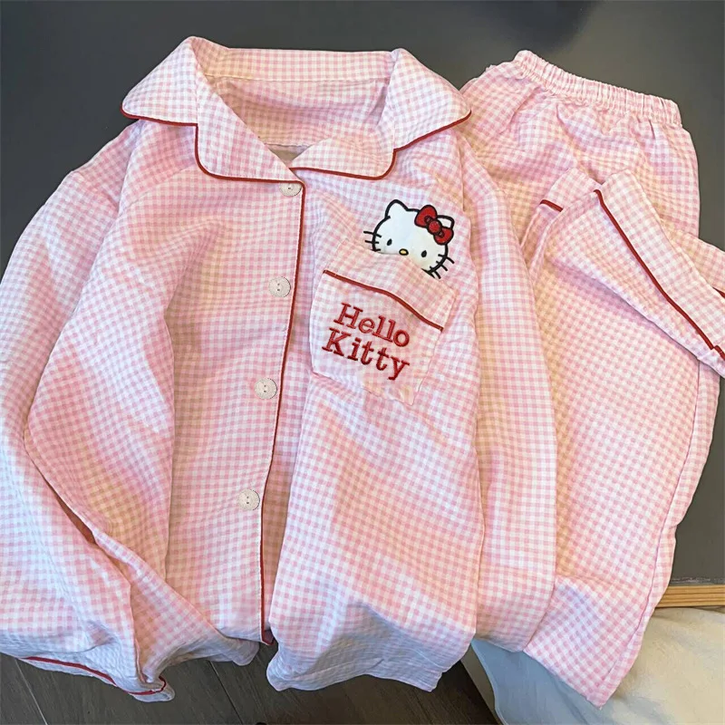 Spring and Autumn Yellow Checkered Girl Cartoon Anime Hello Kitty Printed Pajamas Fashionable and Comfortable Long Sleeve Pants