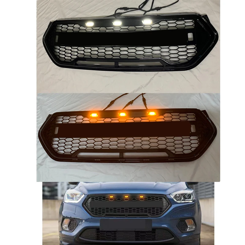 

Glossy Black Honeycomb Grille Front Bumper Mask Mesh Amber Led Racing Grills Upper Grid For Ford Escape Kuga 2017 2018 2019