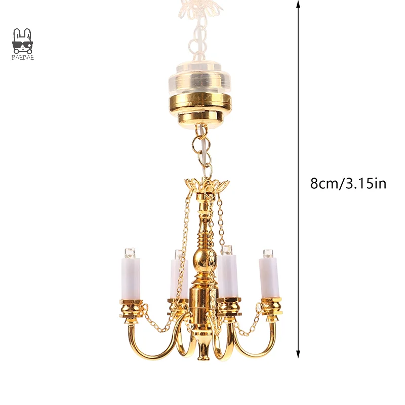 Lámpara de techo LED en miniatura para casa de muñecas, candelabro dorado, luces de iluminación, funciona con pilas, modelo de muebles, juguete de decoración, 1:12