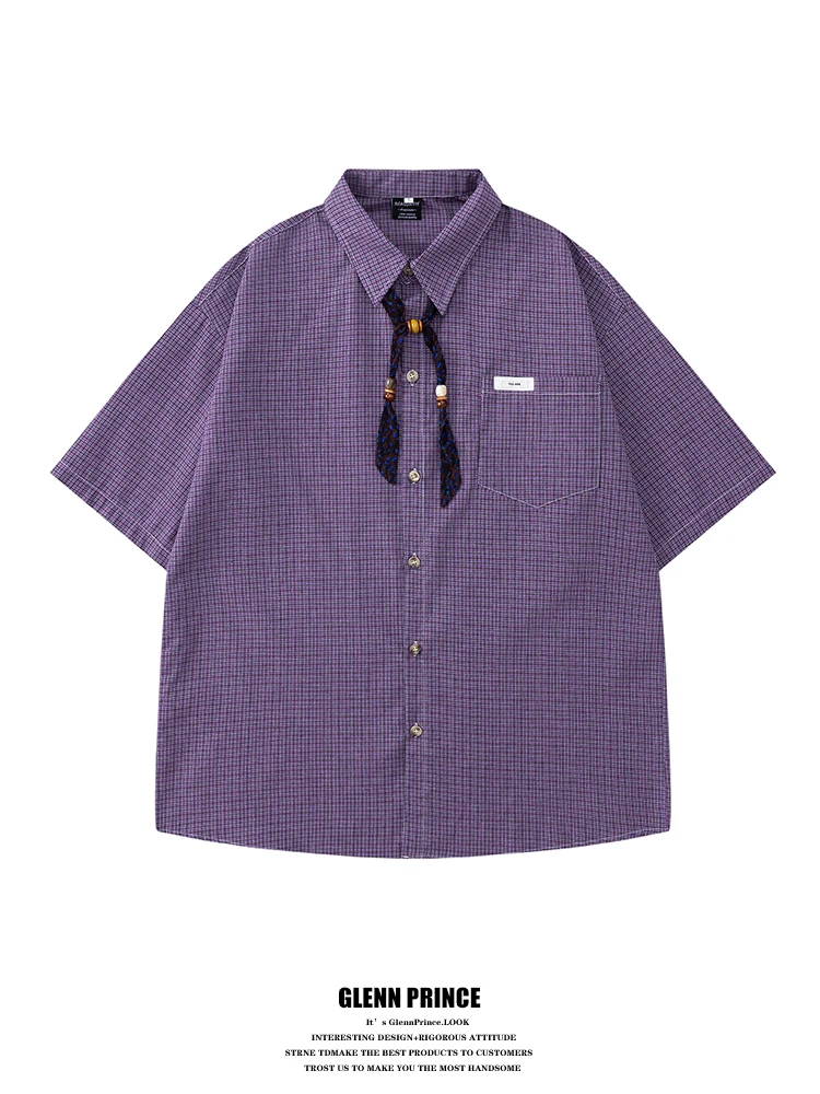 

GPstudio Japanese Retro Handmade Rope Weaving Plaid Short Sleeve Casual Shirt Unisex Summer Elegant Breathable Cotton P...