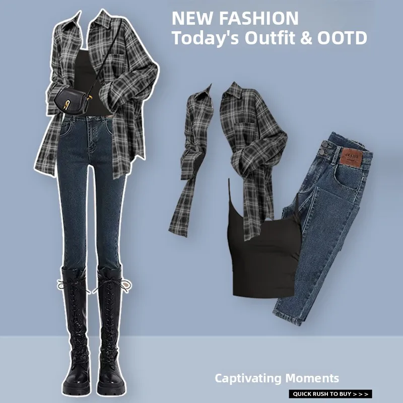 

Korean Style Fashion Set High Waist Slimming Early Autumn Clothing Three-Piece Set Long Pants V-Neck Long Sleeve Polyester Fiber