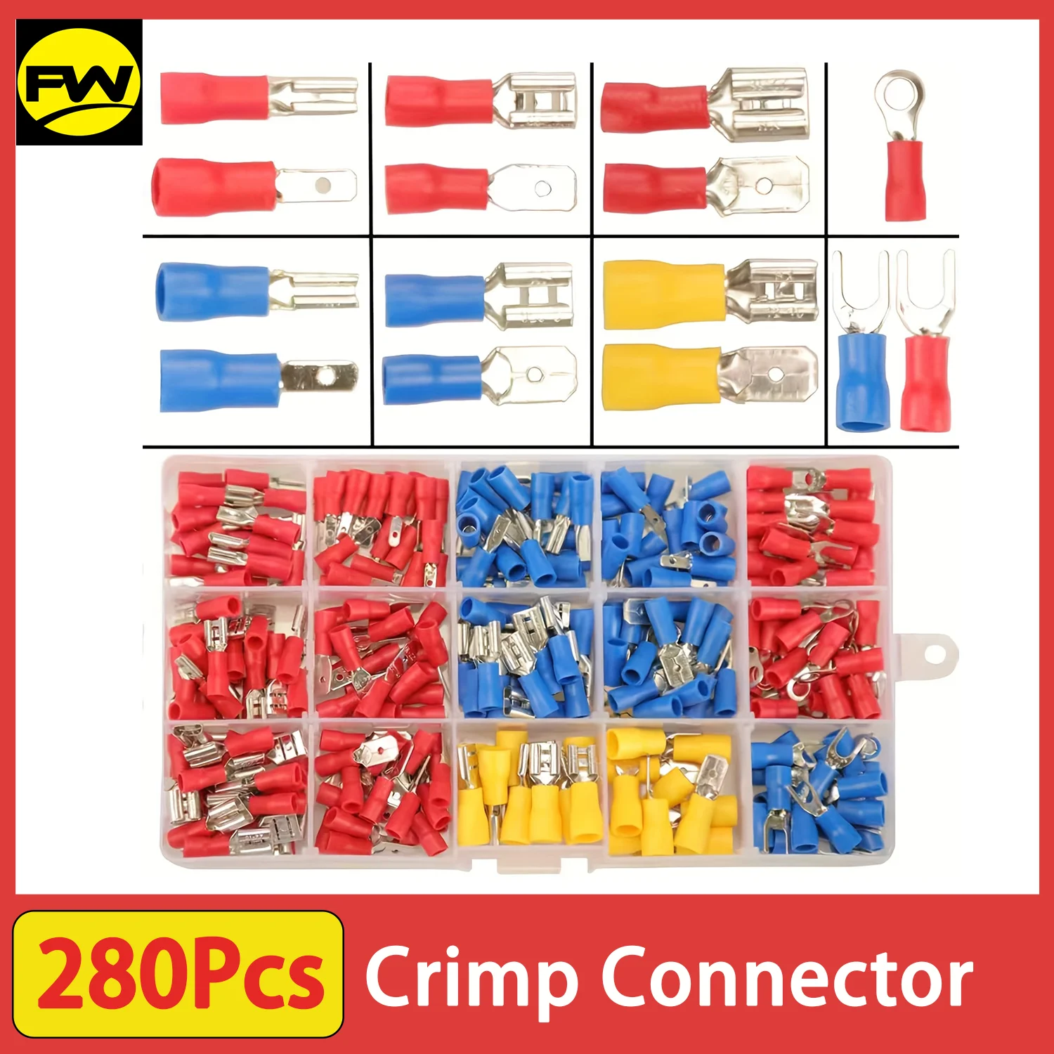 280Pcs Crimp Connectors, 2.8mm 4.8mm 6.3mm Male and Female Spade Connector Kit, 15 Types Crimp Terminals Electrical Connectors