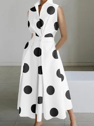 Office Lady Elegant Polka Dot A-line Dress Summer Sleeveless Lapel Collar Evening Midi Dresses for Women 2023 New