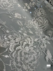 Silver Glitter Tulle Mesh Lace Fabric Big Florals Robe de Mariee 2024 Material Sewing Luxury Lace