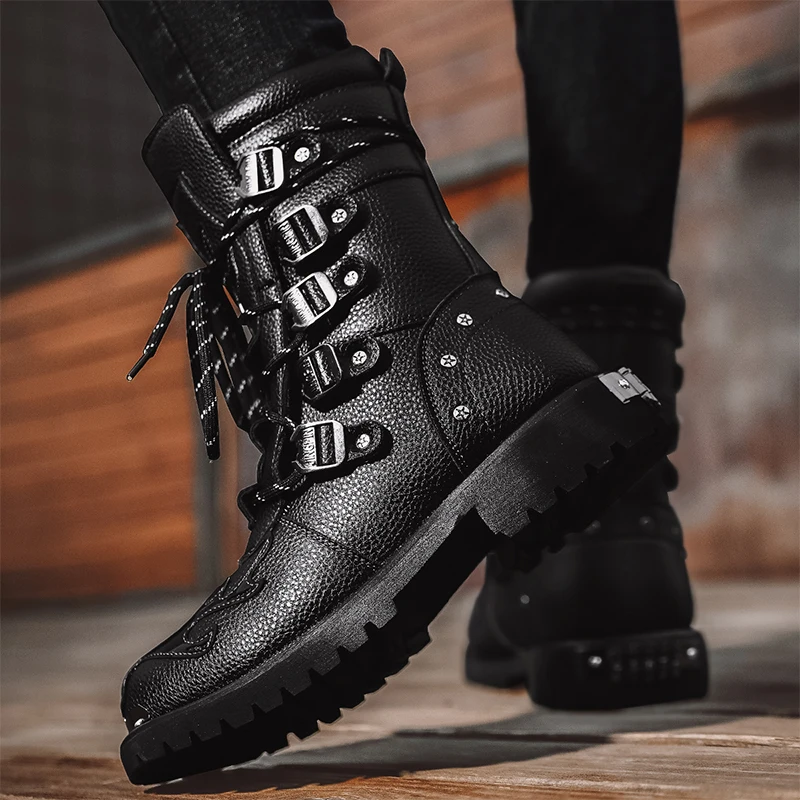 Men's Motorcycle Boots Mid-Calf Chelsea Boots Good Quality Punk Hippie Rivets Lace Up Gentleman Male Shoes Plus Size 38-46