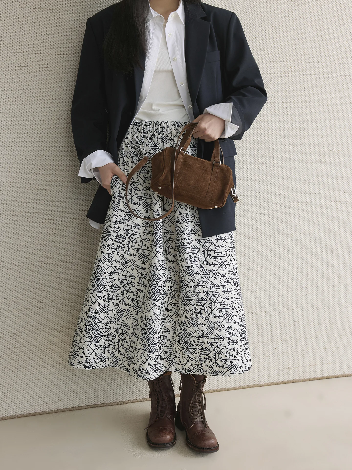 겨울 패션 레트로 물고기뼈 기하학 패턴 A라인 스커트, 편안하고 캐주얼한 여성용 롱 스커트