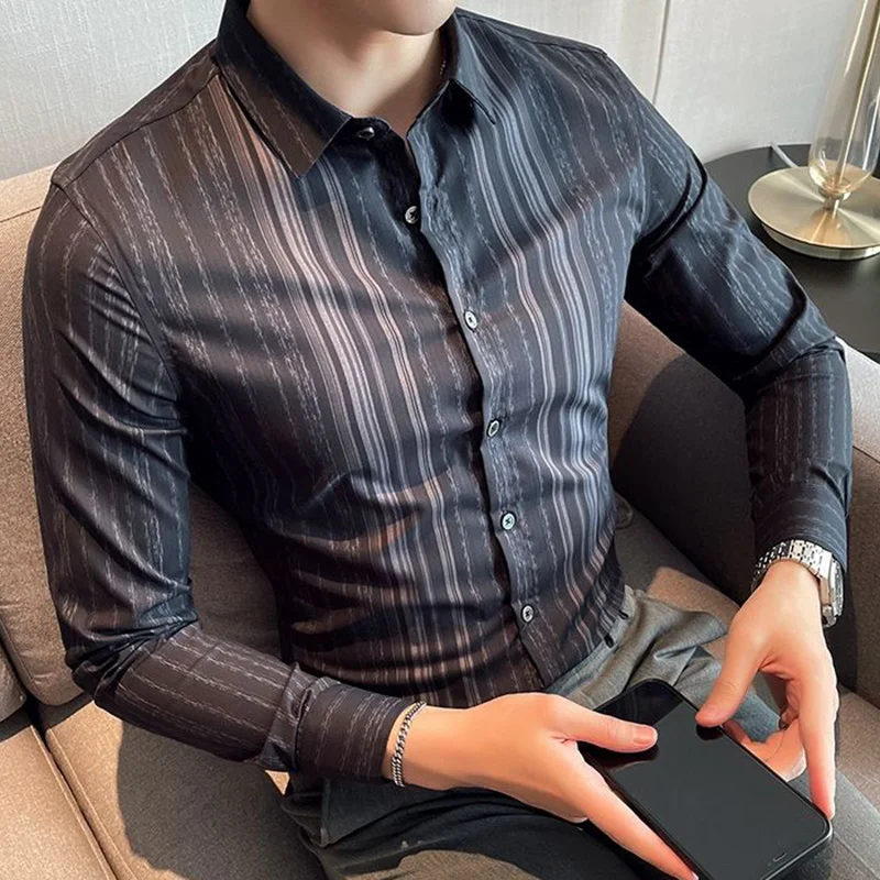 Fashion Lapel Button Loose Printed Striped Shirts Men\'s Clothing 2023 Autumn New Oversized Casual Tops All-match Shirt