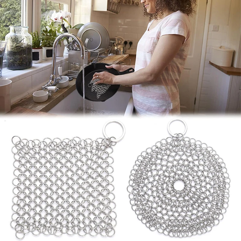 Stainless Steel Chainmail Scrubber Household Cast Iron Skillet Cleaner Cleaning Brush Cast Iron Cleaner Kitchen Scrubbing Brush