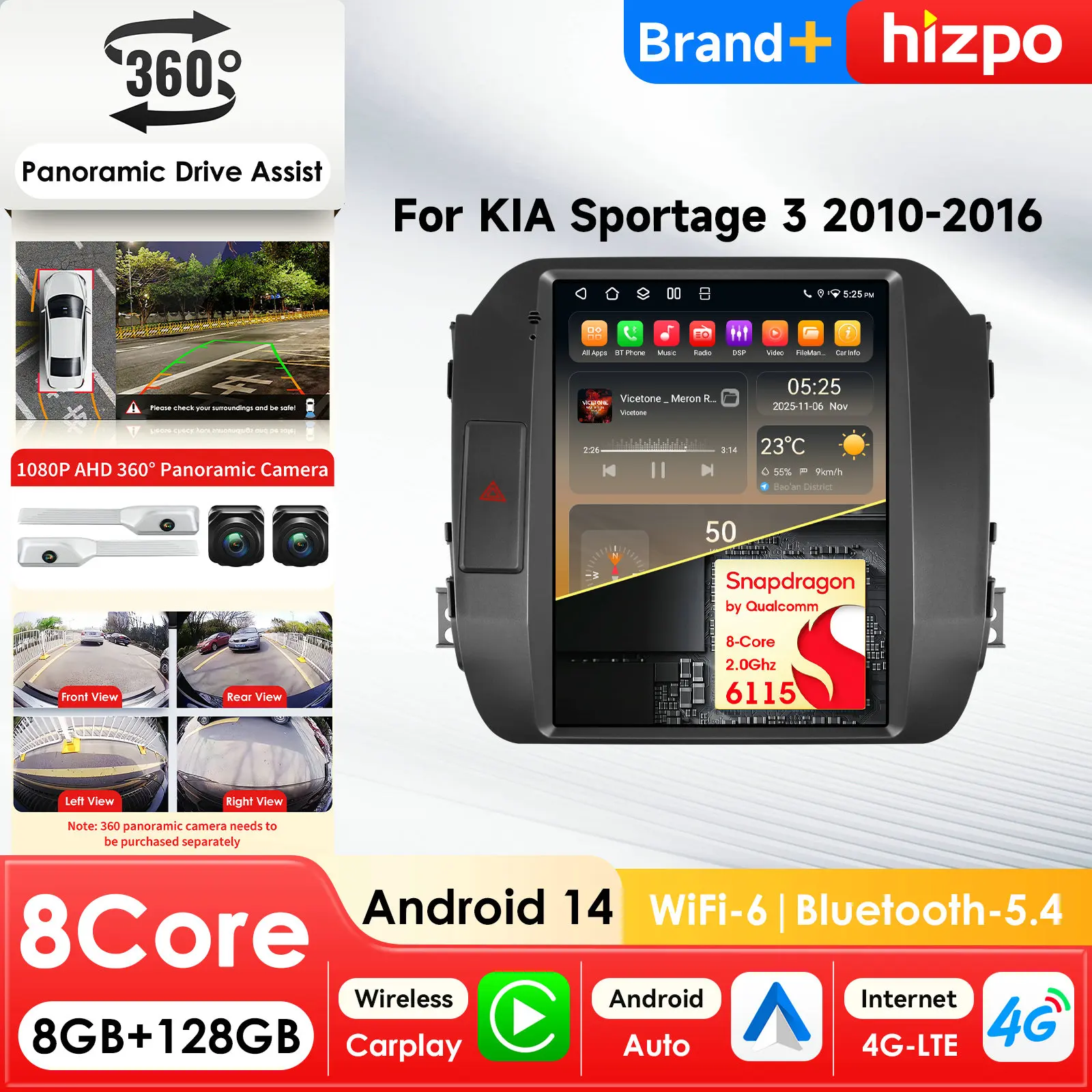 

Автомобильная мультимедийная система Hizpo 9.7' с 360-градусной камерой и Android для Kia Sportage 3 2010-2016, Carplay, 4G, AI