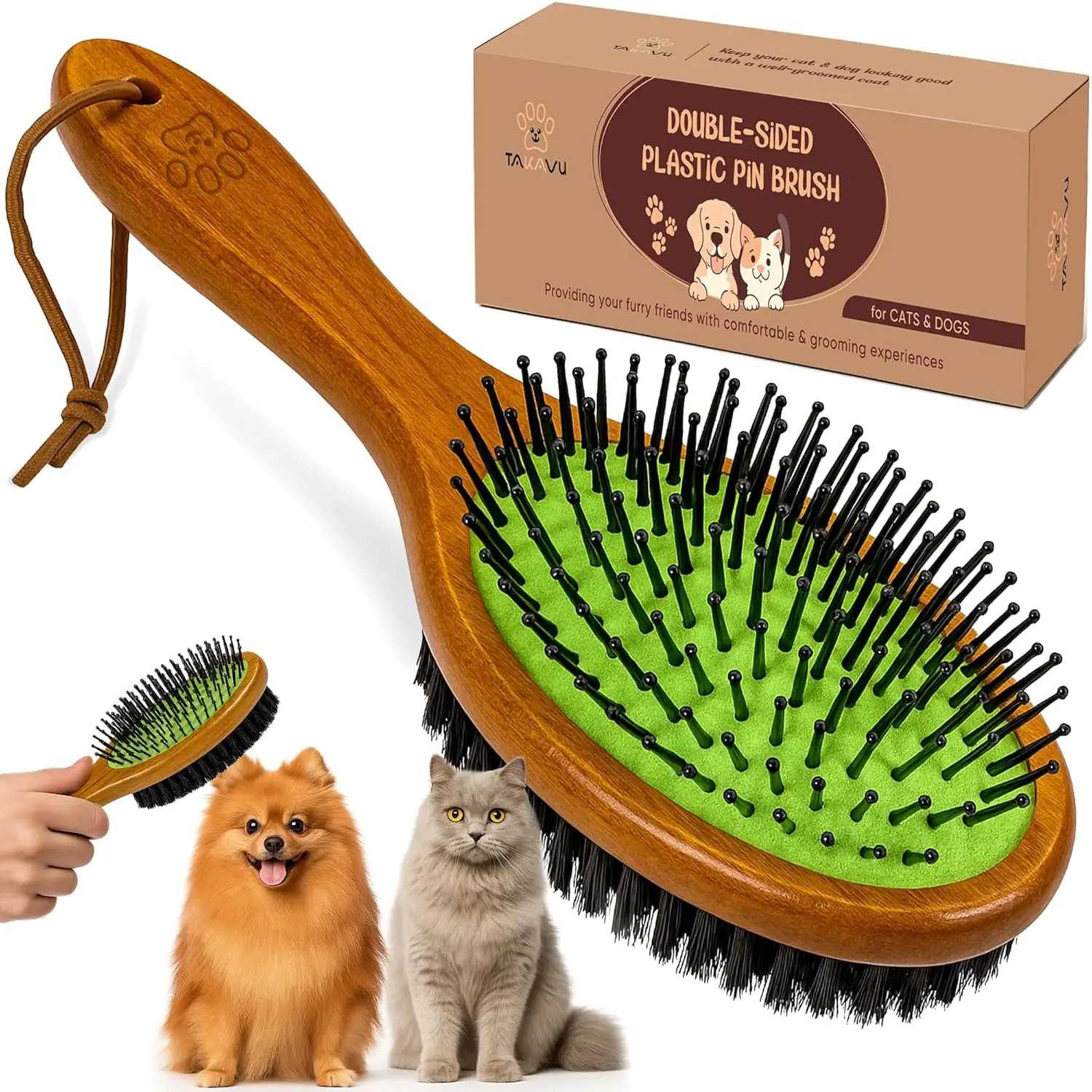 

Double Sided Pet Brush: Detangles & Smooths Coat - Wood Handle for Dogs & Cats