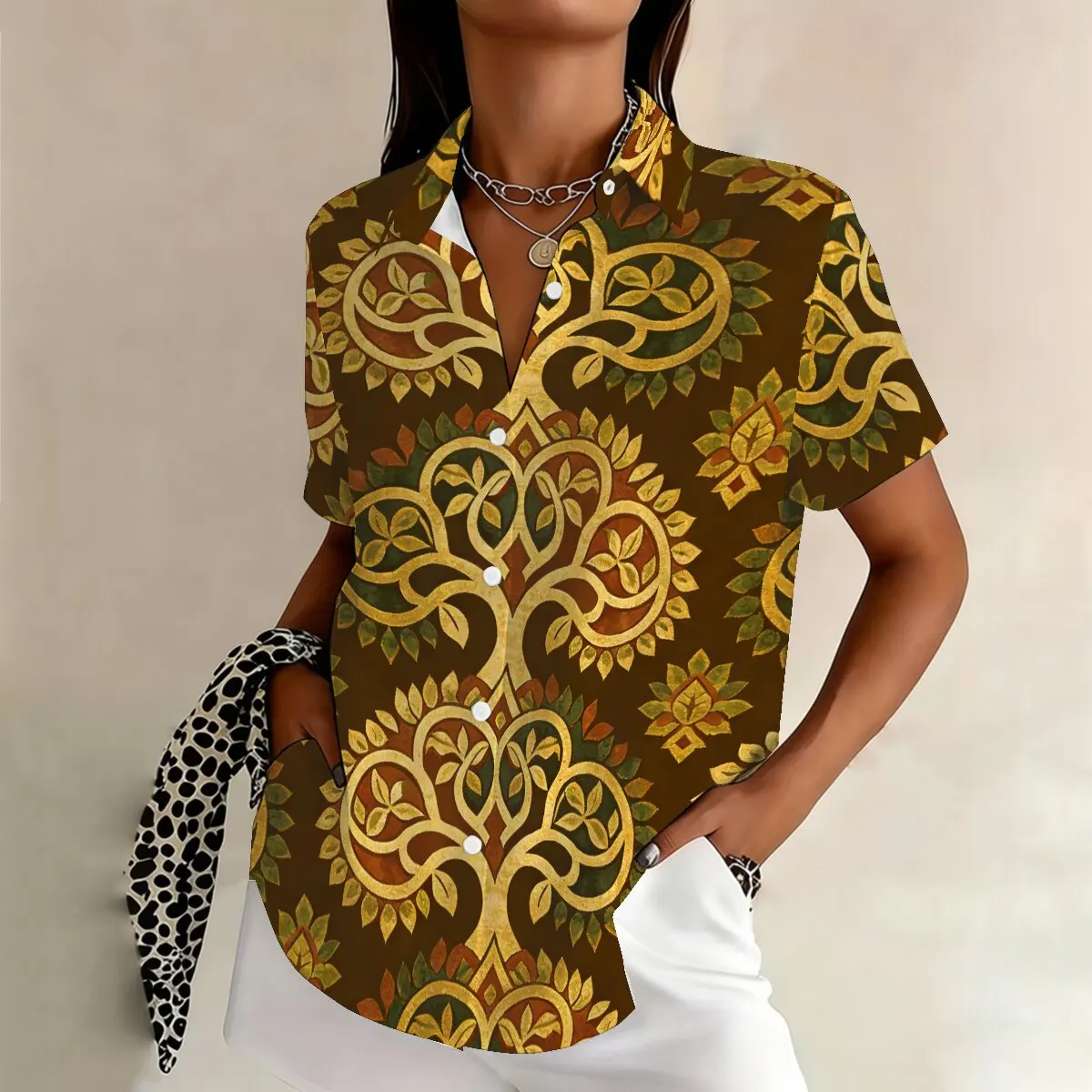 

Women's Plus Size Retro Ethnic Short Sleeve Shirt, Casual & Stylish, Perfect for Art Events, Street Fashion & Parties