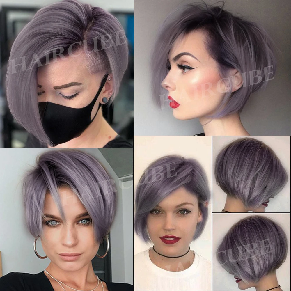 HAIRCUBE-Peluca de cabello humano con malla frontal para mujer, postizo corto con corte Pixie, color gris, acero, púrpura claro, Remy, 13x5x1