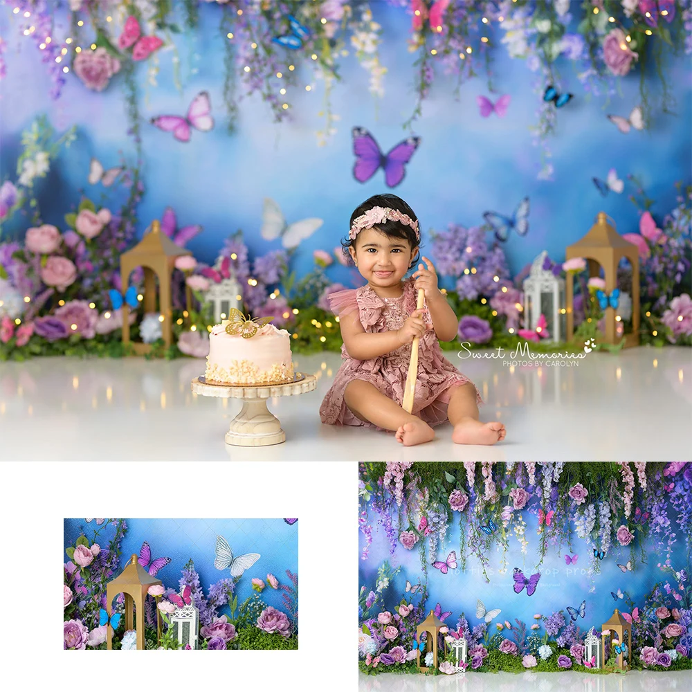 

Blue Purple Butterflies Garden Backdrops Kids Baby 1st Birthday Cake Smash Photocall Floral Spring Photo Props Backgrounds