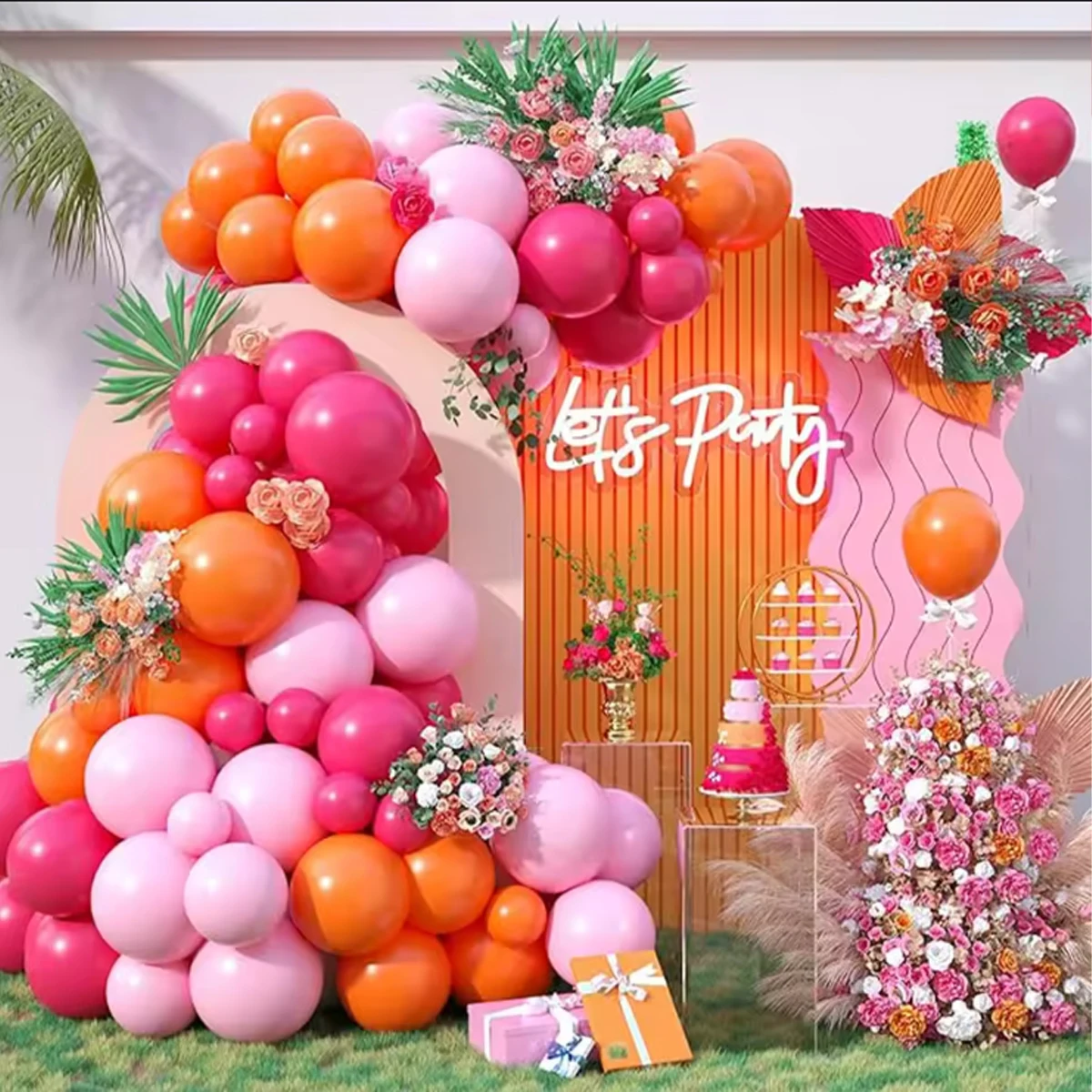 Kit de Arco de Balões com 105PCS, Balões em Rosa Vermelho, Laranja e Rosa para Decoração de Casamento, Decoração de Aniversário, Decoração de Comemorações