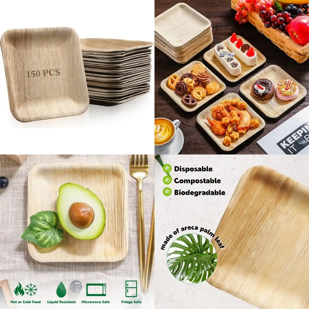 

Одноразовые 6-дюймовые квадратные тарелки из бамбукового пальмового листа, 150 упаковок деревянного столового посуда для свадеб, общественного питания, мероприятий на день рождения