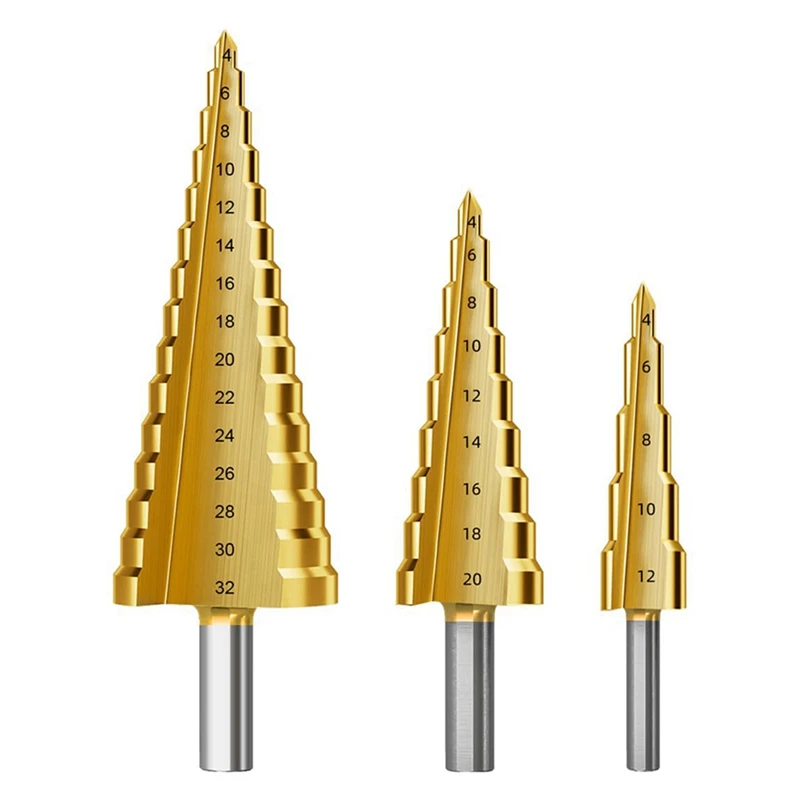 

ABPP-Step Drill Bit Set, 3Pcs Titanium Step Drill Bits, Metric 4Mm To 32Mm HSS6542 Drill Cone Bits For Metal, Wood, PVC