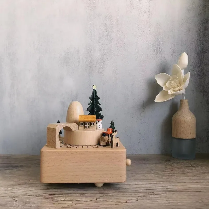Handcrafted Wooden Rotating Music Box Creative Gift Living Room TV Cabinet Desktop Decoration Exquisite Wind-up Handicrafts