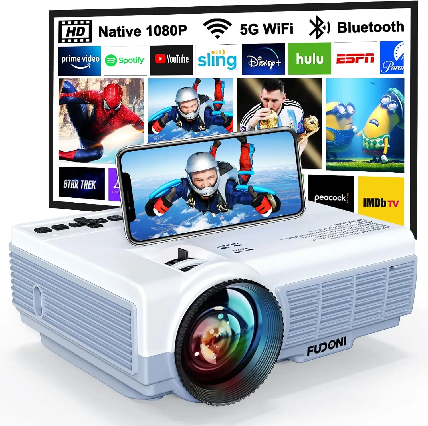 

Портативный проектор 1080P с поддержкой 5G WiFi и Bluetooth для домашнего кинотеатра, просмотра фильмов на улице, игр, с входами HDMI, USB, AV
