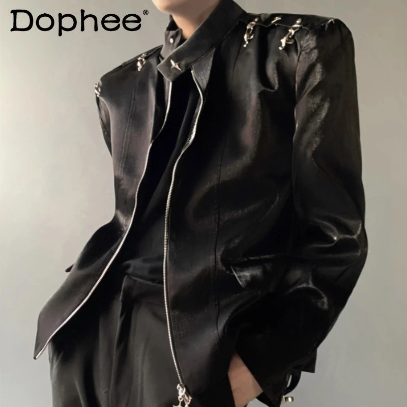 

Men's 2025 Autumn Niche High-end Gloss Jackets Men's Metal Buckle Design Blazers Stand Collar Loose Shoulder Padded Suit Jackets