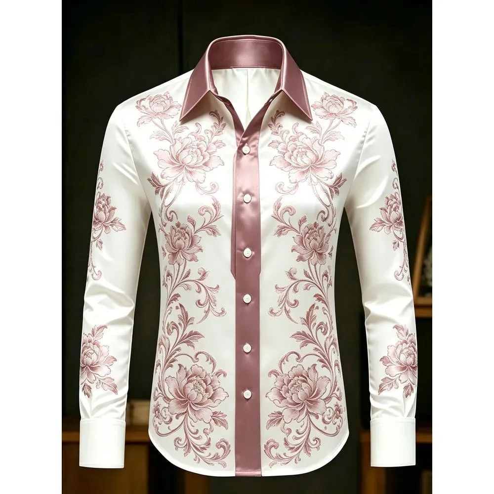 2026 new men's luxury satin long sleeved shirt with Baroque polka dot design and 3D printed pattern suitable for business street
