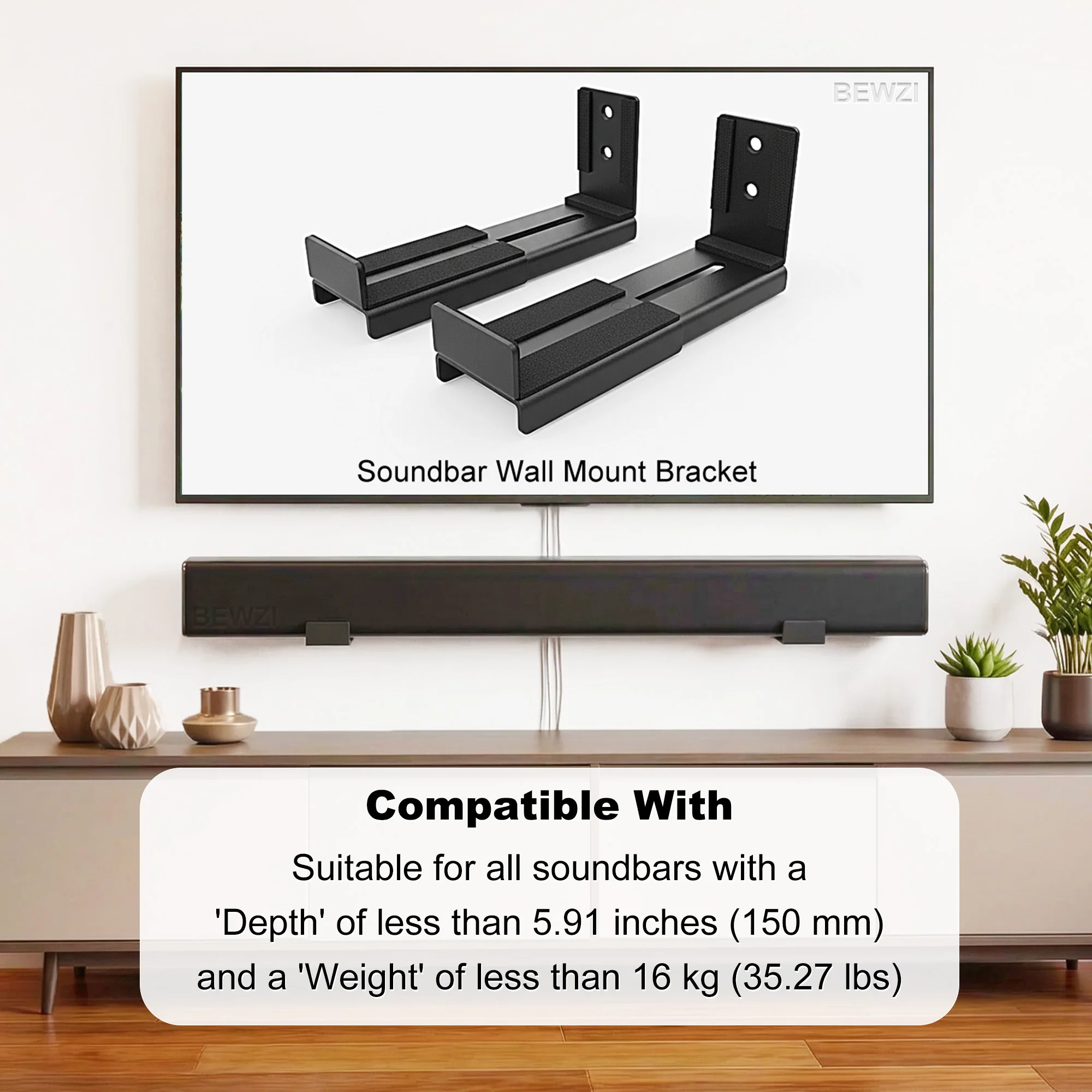 Soundbar Wall Bracket Adjustable Telescopic Depth Sturdy Heavy-Duty Steel Material Wall Mounted Bracket for Bar Speaker Support