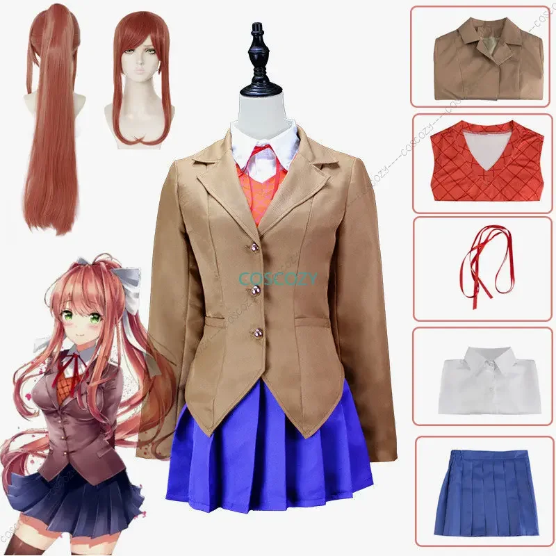 Anime Doki Doki Literature Club Monika Cosplay Sayori Yuri Natsuki Cosplay Costume School Girl Women Brown Uniform Skirt Suit