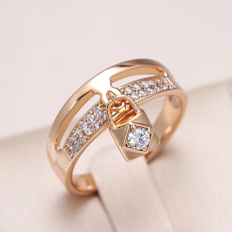 Kinel Luxury 585 Rose Gold Lock Ring Bride Wedding Fine Jewelry Micro Inlays Covered Natural Zircon Women Ring Accessories