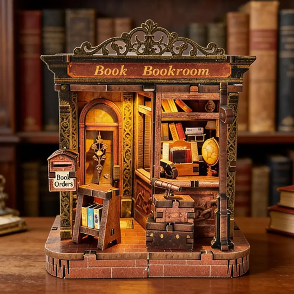 Rompecabezas 3D de Madera Artesanal para Librería, Incluye Iluminación Ambiental Cálida, Decoración Cinética de Madera con Manivela