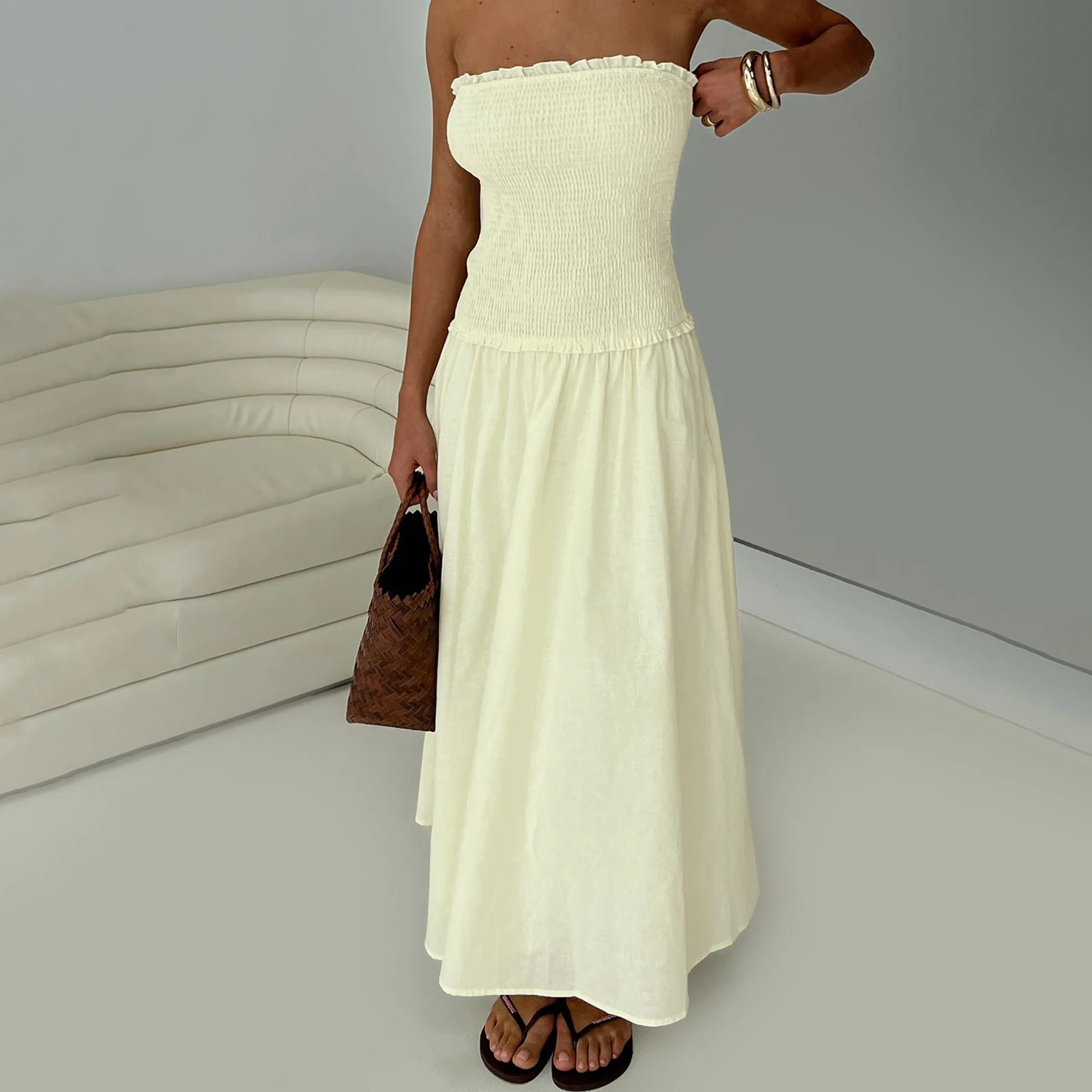 Women's Strapless Dress Stylish Solid Color Patchwork Ruffled Trim Smocked A Line Tube Long Dress for Spring