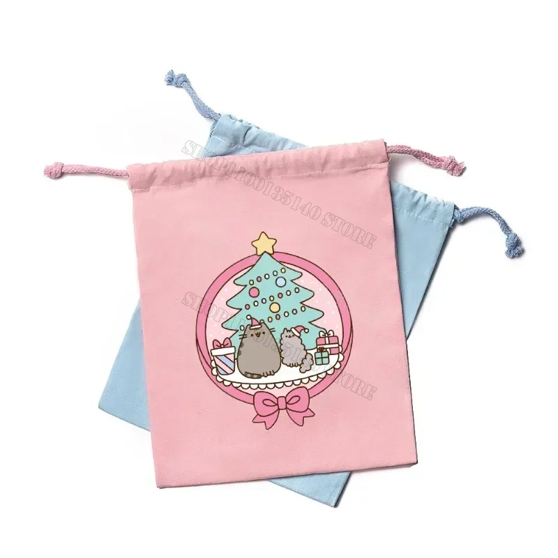 Pusheen Cat Canvas Drawstring Bag Cartoon Printed Cute Drawstring Handbag Anime Travel Outdoor Storage Bag Child Christmas Gifts