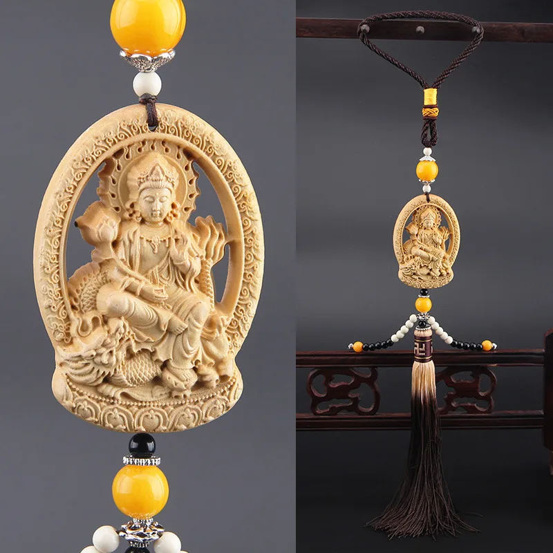 

Wood Carving Buddha Statues Car Rear View Mirror Jewelry Guanyin Pao Ping An Fu High-End Schoolbag Mobile Phone Pendant