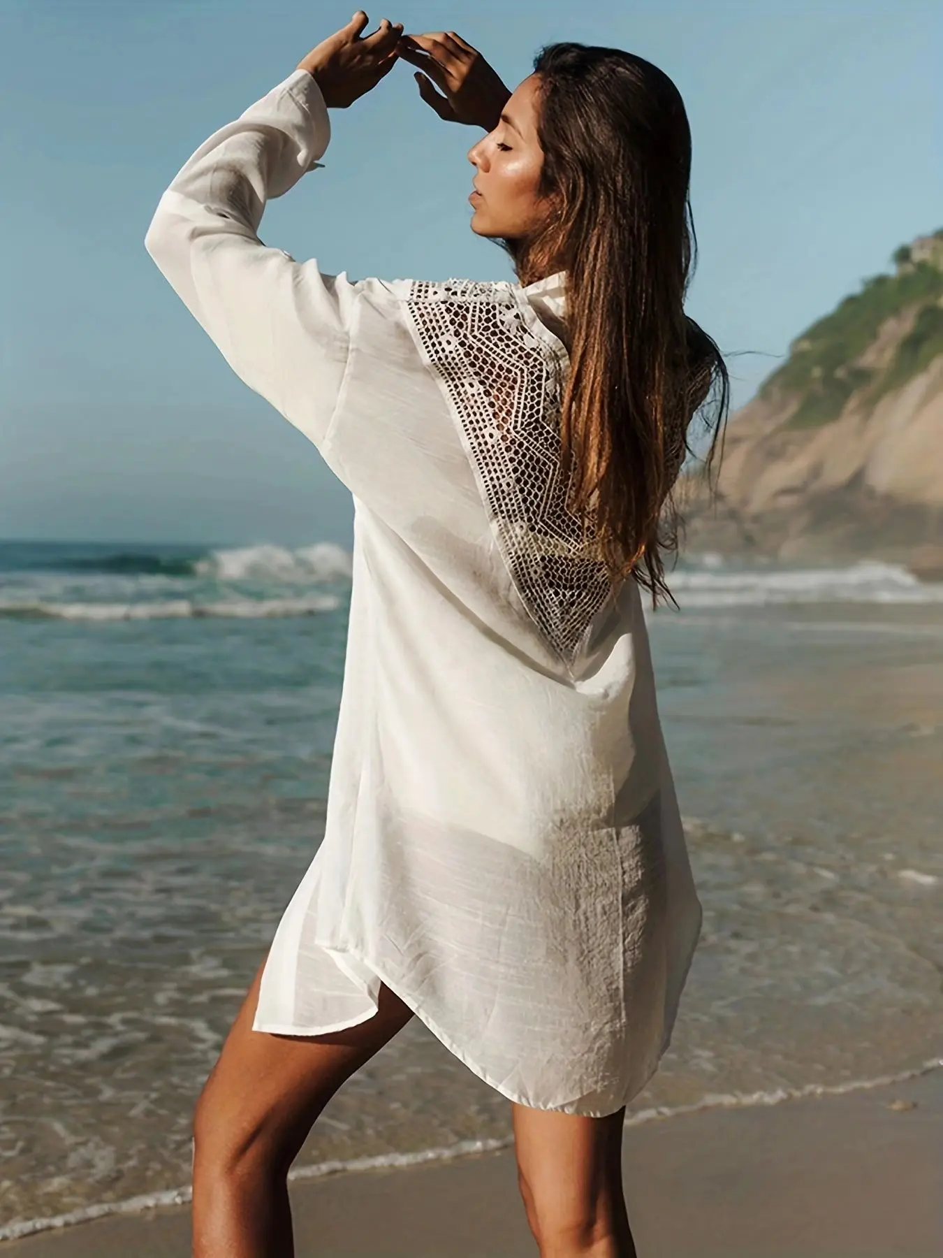 Robe de plage en dentelle ajourée à manches longues pour femmes, cover-up pour bikini, chemise sexy décontractée, maillots de bain féminins