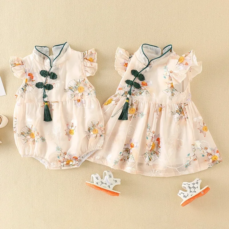 Hot Sale Baby Summer Dress Thin Chinese Style Qipao One Piece Wrap Fart Coat Newborn Baby Full Month 100 Day Old Skirt Dresses