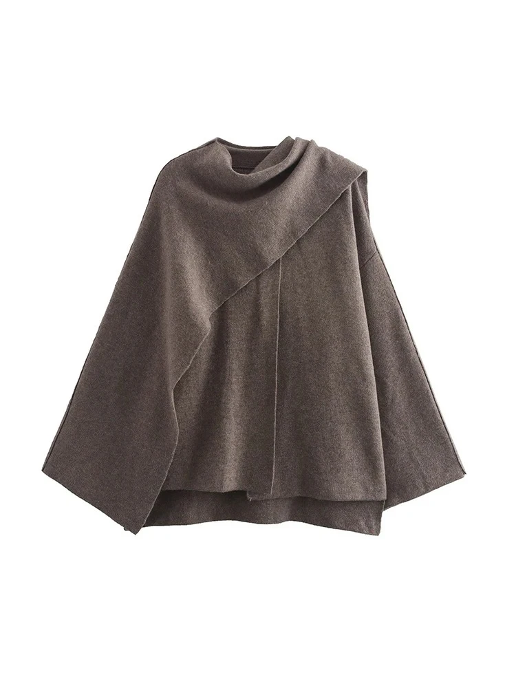 

женская мода 2024 осень и зима Европа и США горячая новый темперамент элегантный вязаный плащ накидка высокая улица с длинными рукавами круглый вырез пальто с шарфом досуг теплый асимметричный женский пиджак