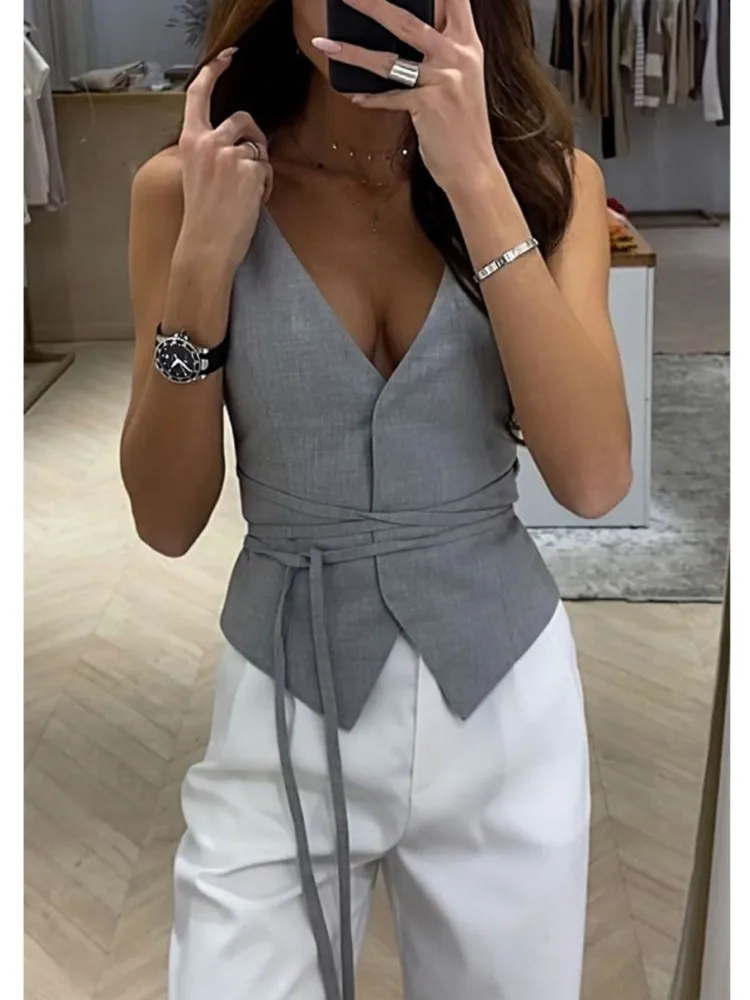 

Women Office Waistcoat Sexy Deep V-neck Sleeveless Blouse Solid Tank Top Elegant Female Fashion Strap Detail Lace Up Blouse Vest