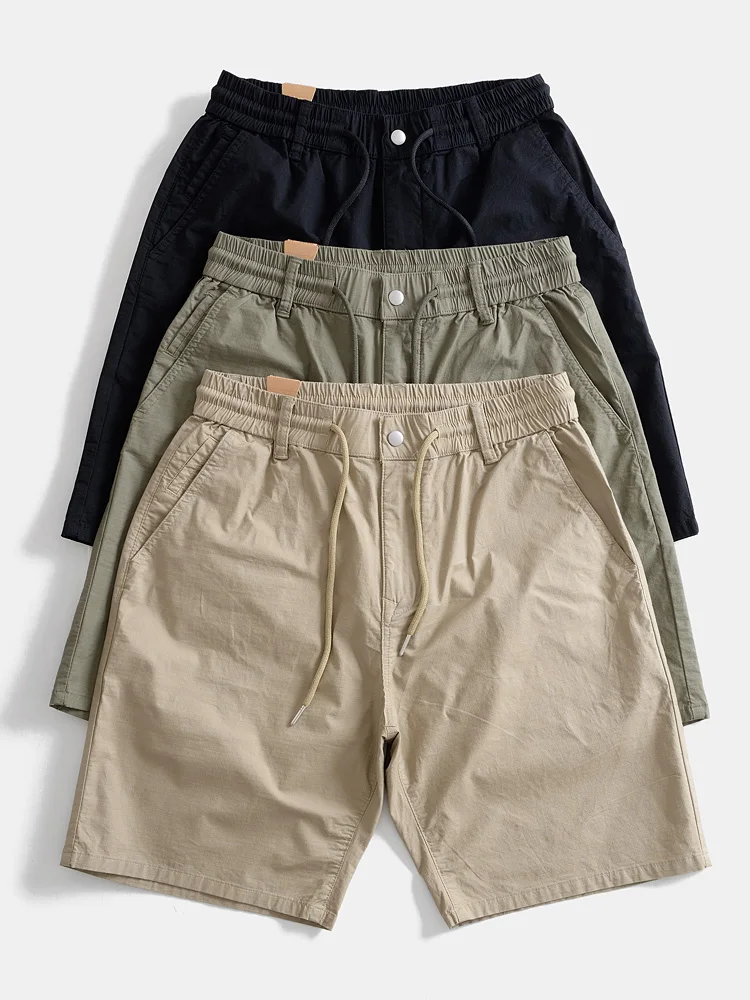 

Летние тонкие дышащие винтажные повседневные брюки для мужчин, свободные, с эластичным поясом, длиной до колена, прямые, рабочие.