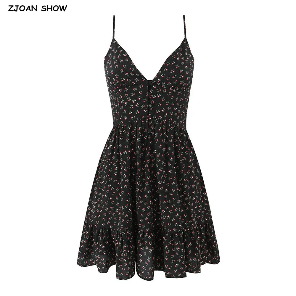 Sexy Black Floral Chiffon Sling Dress Women Front Open Buttons V Neck Ruffles Hem Short Dresses Femme Mini Vestidos Robe