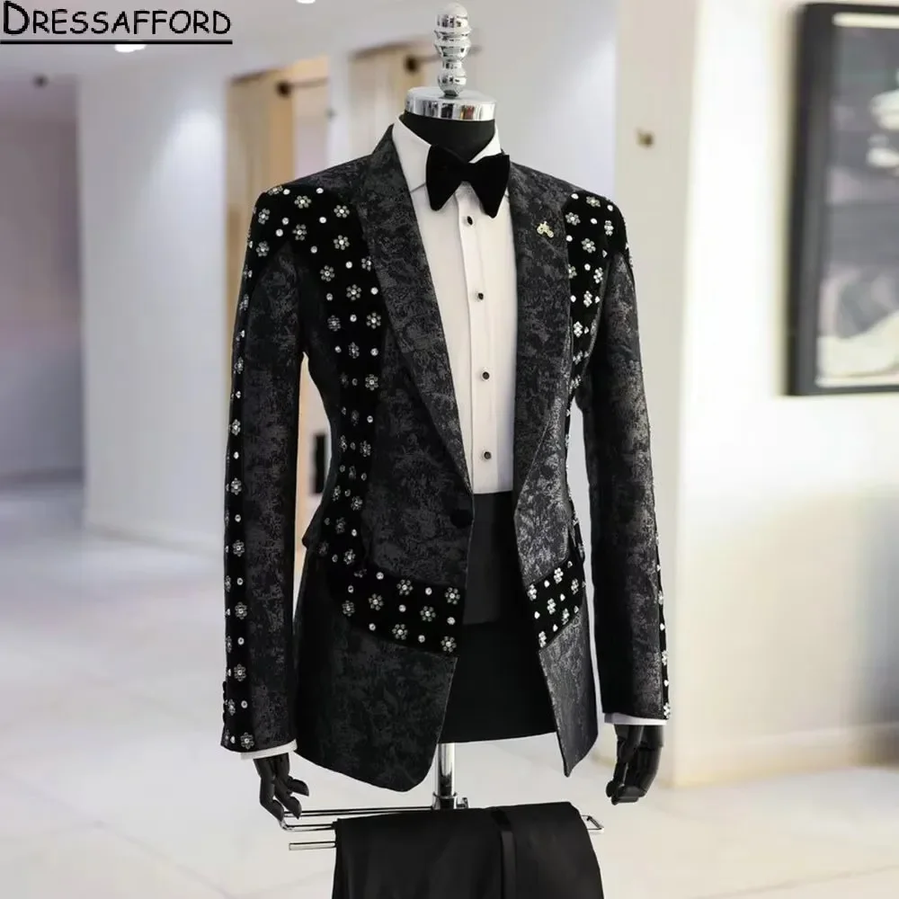 Black Jacquard Weave Men Suits Crystal Groom Wedding Tuxedos 2 Pieces Sets Dinner Prom Blazers Terno Masculino Completo