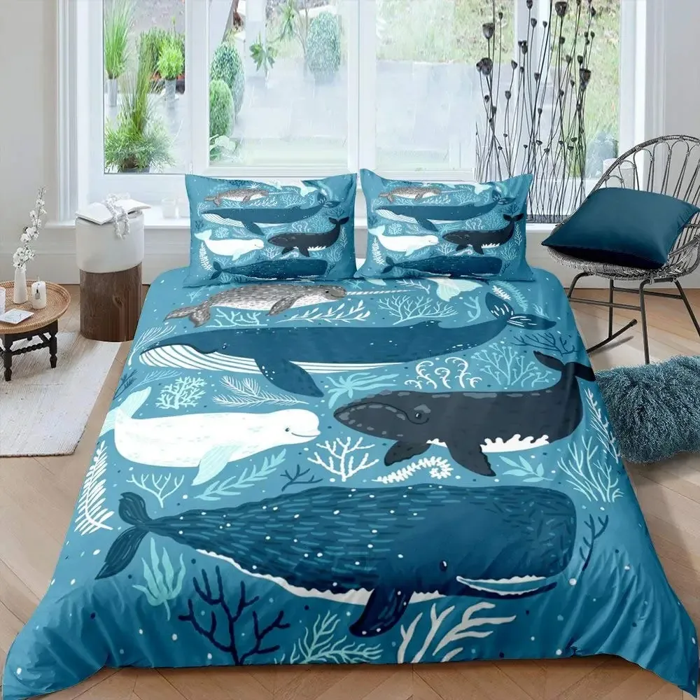 

Whale Comforter Cover Twin Size,Ocean Theme Bedding Set For Kids,Nautical Sailing Quilt Set Ocean Duvet Set Ocean Decor